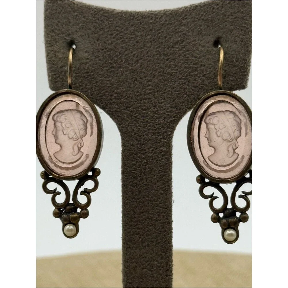 Vintage Cameo Drop Earrings - Pink Cameo with Bronze Filigree